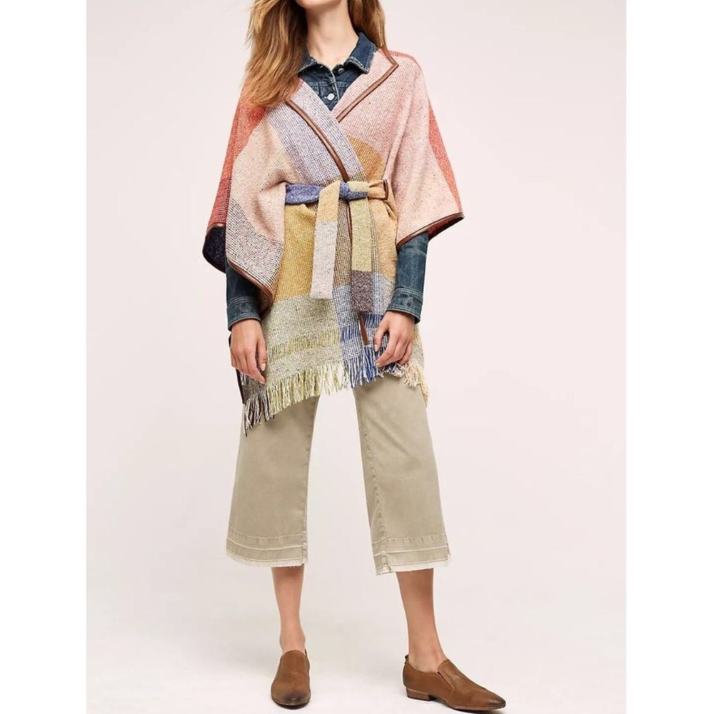 Anthropologie Nomad by Morgan Carper Belted Fringe Shawl Wrap Cape